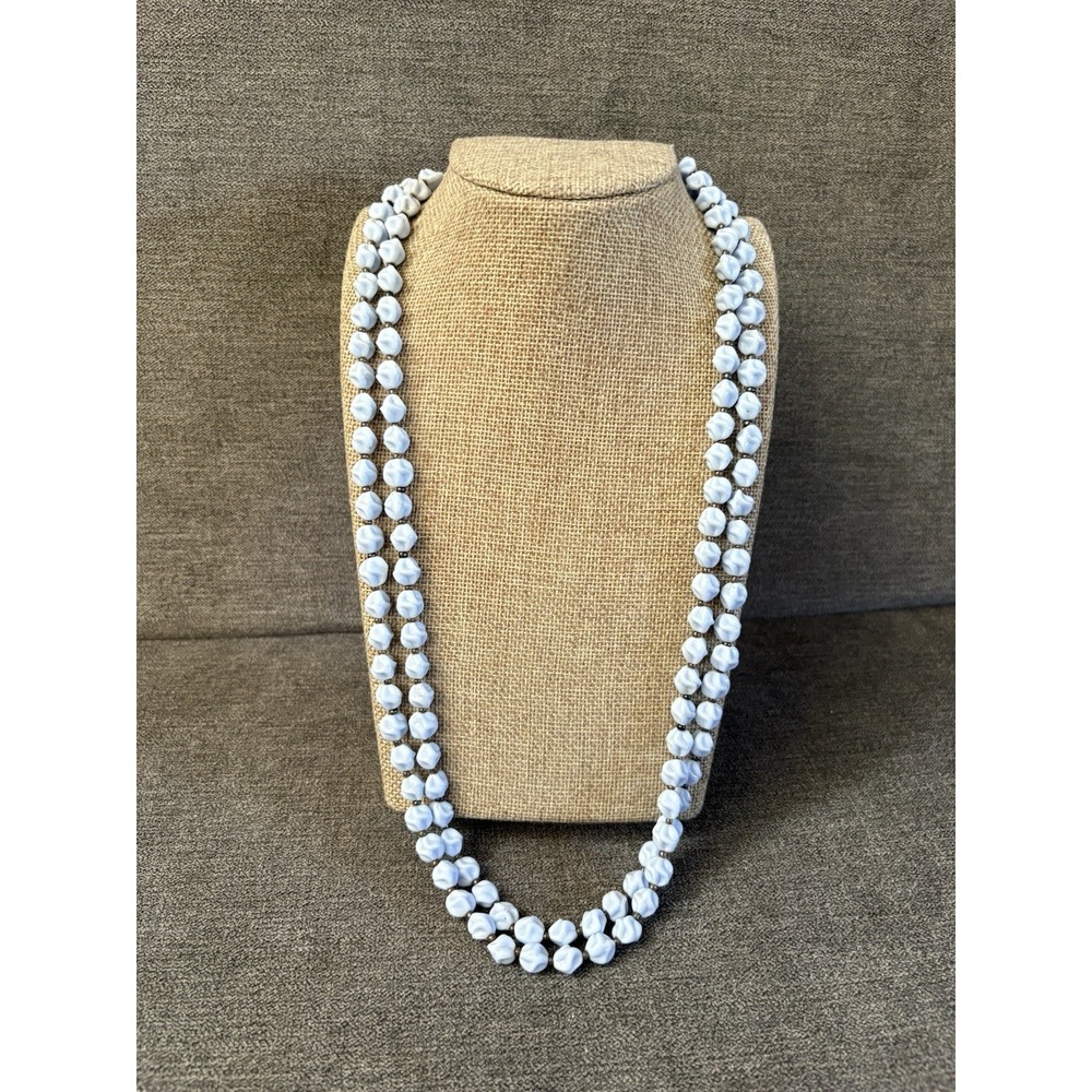 Vintage‎ Mid Century LONG Molded Periwinkle  Glass Bead Necklace 52"